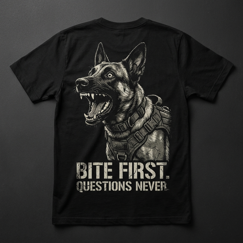 Bite First Questions Never K9 war-dog tee
