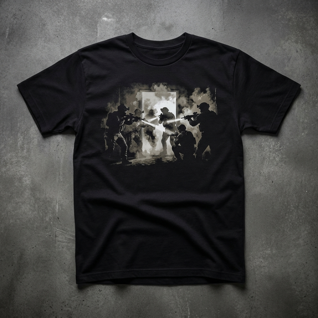 Team breaching a doorway tee