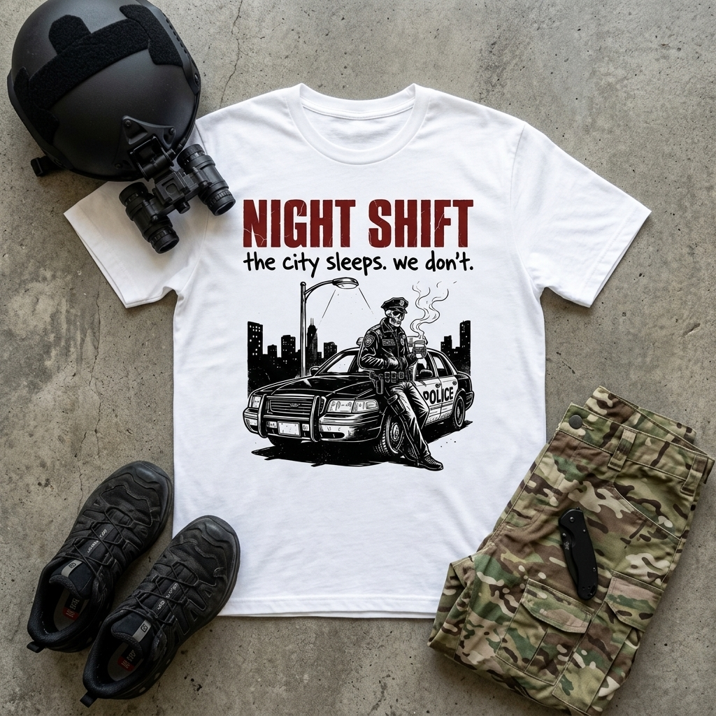Night Shift tee, tactical dark art graphic